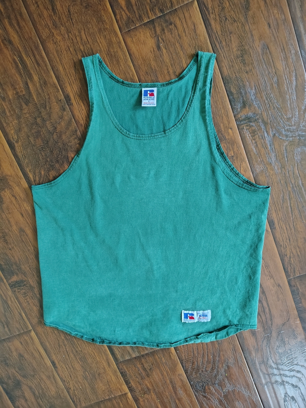 Vintage 90s Russell Athletic faded solid green tank top muscle shirt Size L